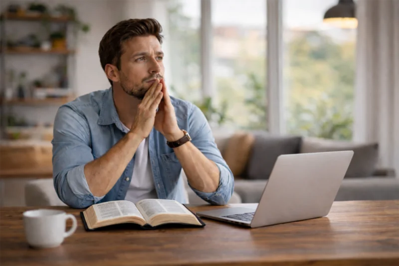 Hombre joven con su Biblia en su escirtorio reflexiona con atención Hombre joven con su Biblia en su escirtorio reflexiona con atención